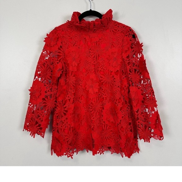 Tuckernuck Faye Red Guipure Lace Blouse XXS NWT Ruffle Bow Back Cocktail Top - Picture 5 of 11